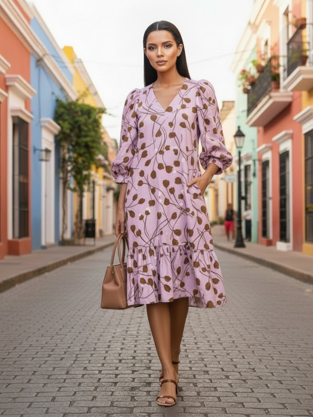 a new day Lilac Floral V-Neck Ruffle-Hem Midi Dress